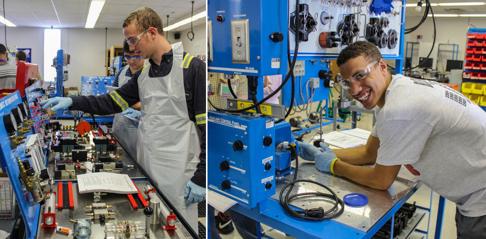 Students in hands-on technical training, working on electrical and mechanical control panels in a vocational lab